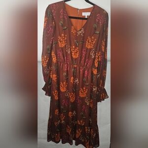 Gibson Latimer Brown Floral Long Sleeve Maxi Dress, Size Medium, EUC